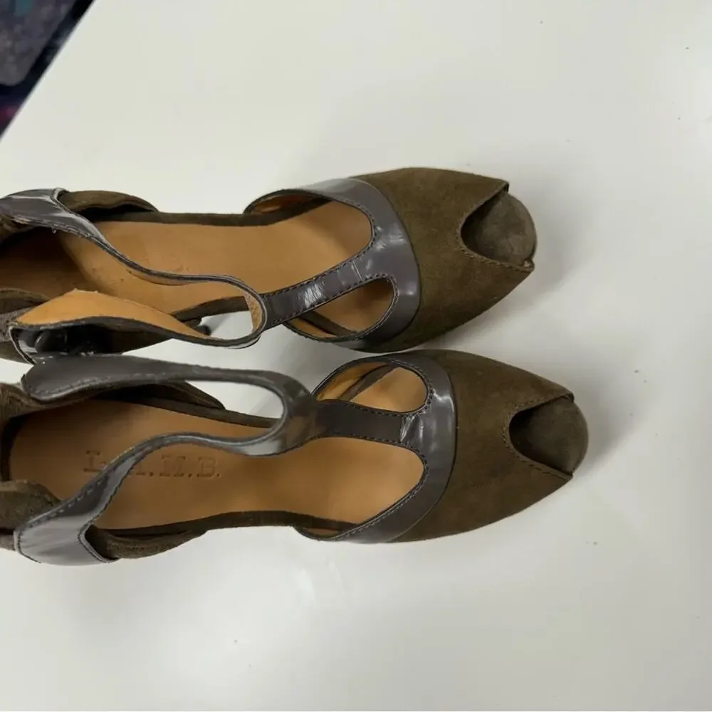 L.A.M.B. Olive Green & Grey Leather Contrast Stiletto Heels Womens 6 Y2K Suede